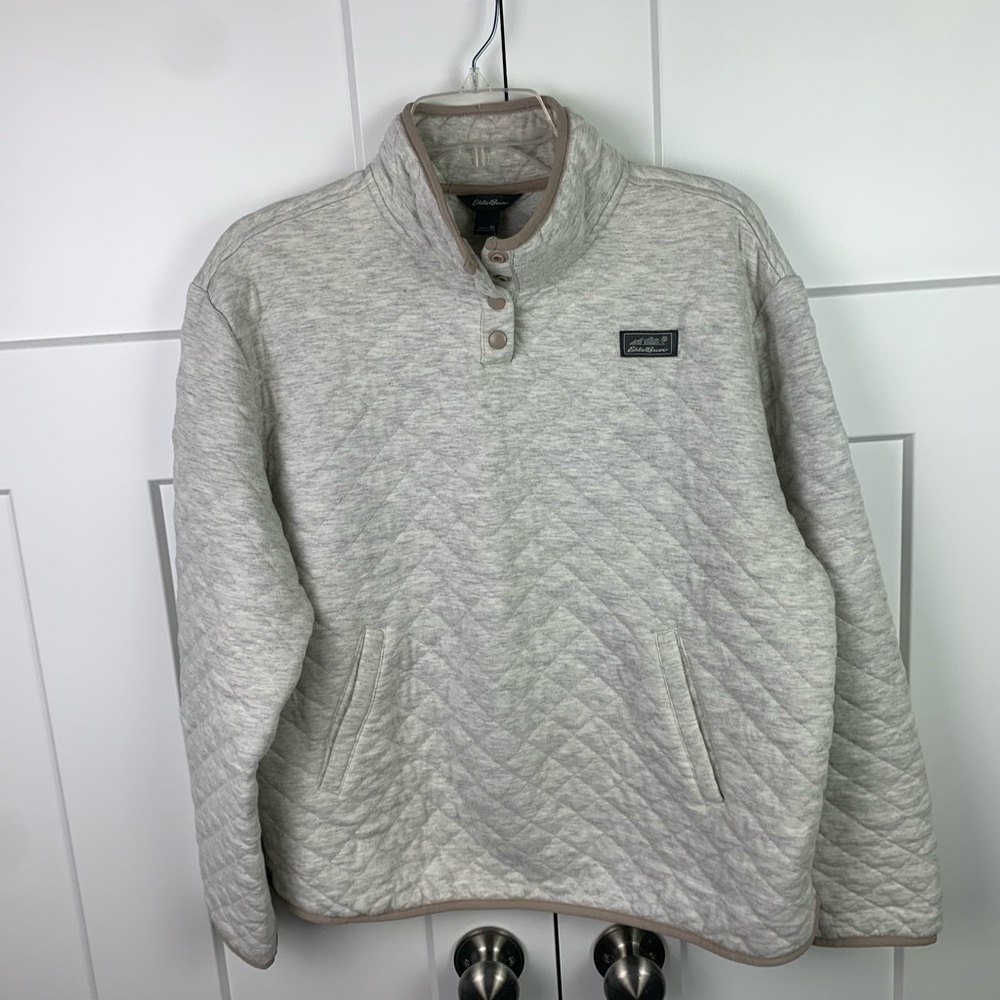 Eddie Bauer XL Quilted Pullover Quarter Snap Beige Sweater - Picture 3 of 6